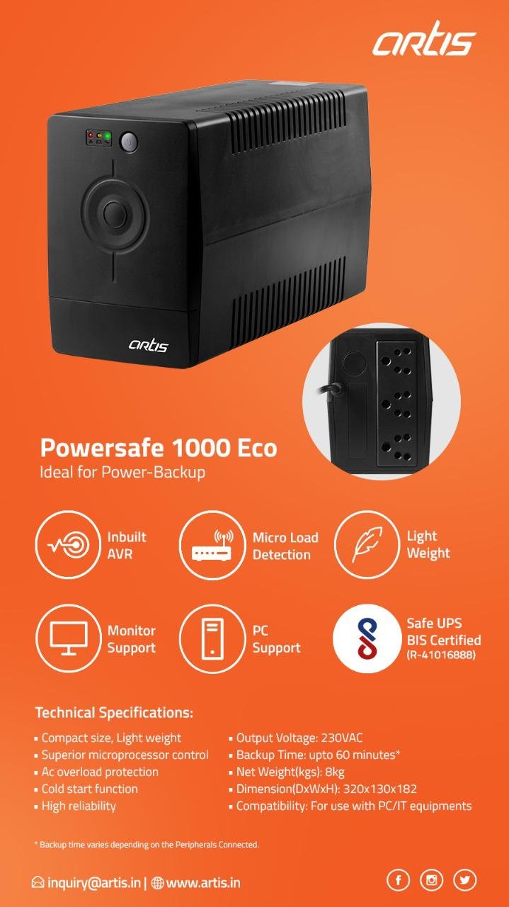Artis PS-1000Eco 1000VA (1KVA) Line Interactive UPS for Personal Computers