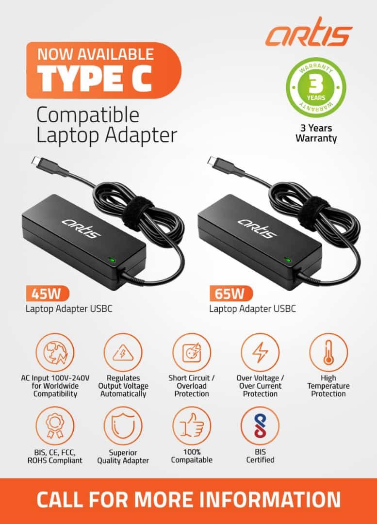 Artis Lapcare 45W Compatible USB Pin Laptop Adapter for Lenovo-Black